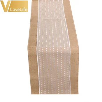 

30cm x 275cm Jute Vintage Burlap Table Runners For Wedding Decorations With Polka Dot Lace Party Banquet Table Supplies modern