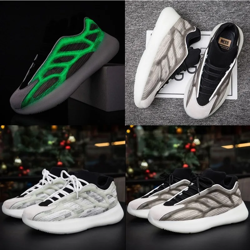 

New Style Mens Running Shoes Hollow Out Skeleton Green Luminous Reflective Shoes Yeeze 700 V3 Kanye Runway Shoes Street Sneakers