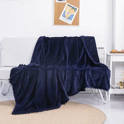 navy blue Одеяло с кисточками и кружевными помпонами, утолщенное бархатное одеяло, офисное покрывало для дивана, простое бархатное одеяло из овечьей шерсти, мягкое и удобное для кожи - Цвет: navy blue