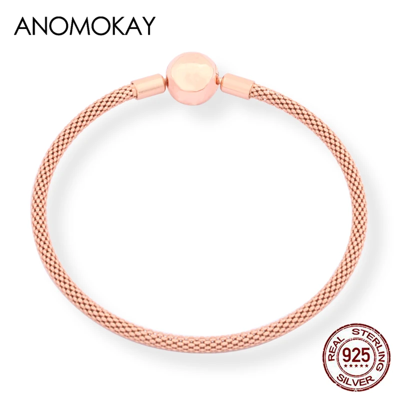 Rose Gold Bracelet Anomookay, трендовый, 925 пробы, серебряный, розовый, золотой цвет, базовый браслет, подходит к оригиналу, очаровательный браслет из бисера для женщин, подарок для девушек - Окраска металла: Rose Gold Bracelet
