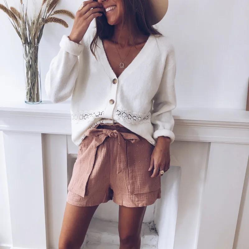 

Women Lace Patchwork Knitted Cardigan Casual V-Neck Long Sleeve Hollow Out Button Solid Sweaters Elegant Ladies Autumn Slim Tops