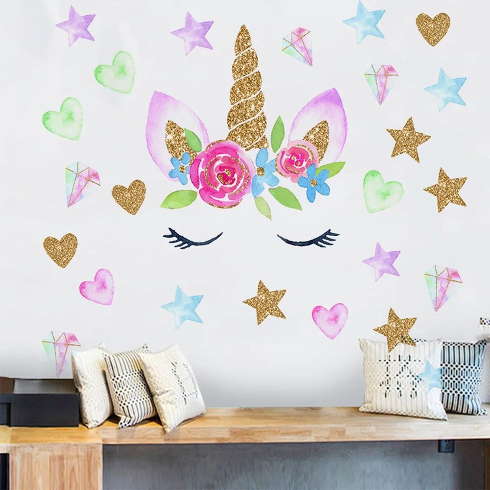 Colorful Flower Animal Unicorn Wall Sticker 3D Art Decal Sticker Child Room Nursery Wall Decoration Home Decor