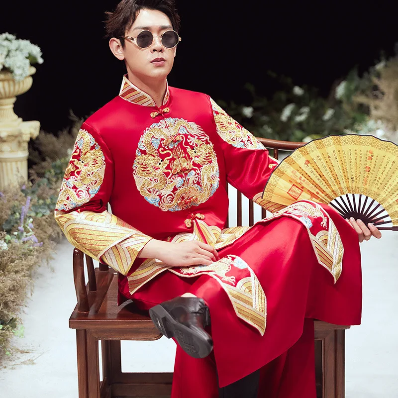 Terno Noivo Colete Gravata New Chinese Bridegroom's Dress Ancient Wedding Men's Tang Suit Style Dragon Phoenix Jacket Xiuhe
