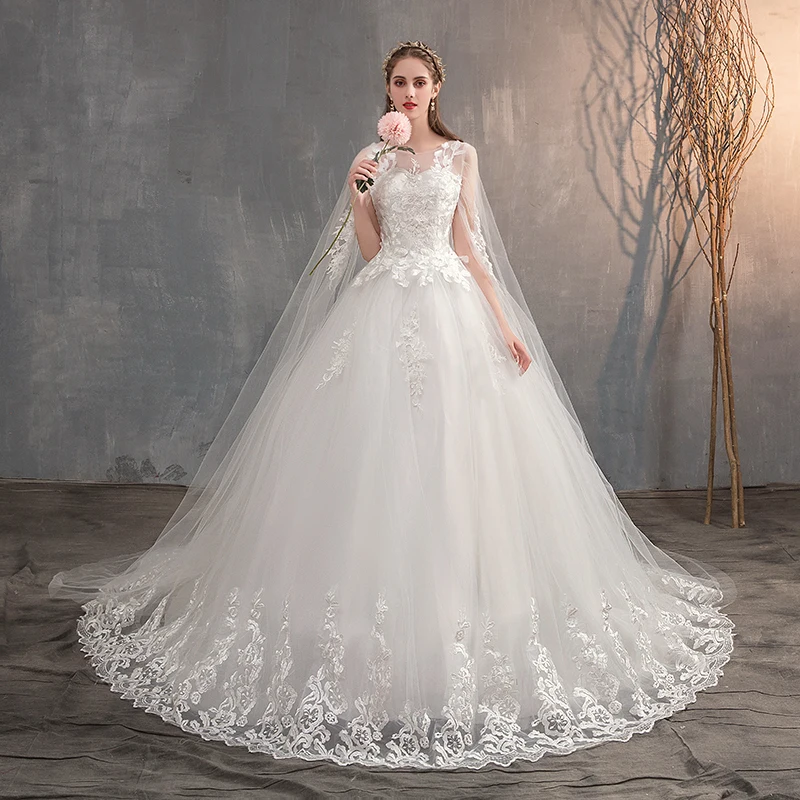 Chinese Wedding Dress 2021 With Long Cap Lace Wedding Gown With Long Train Embroidery
