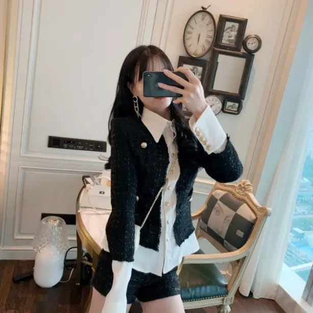 discounted  Patchwork Tweed Jackets Women's Coat Lapel Collar Long Sleeve Korean Coats Female Short Jackets Aut