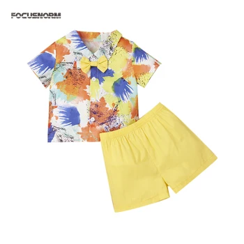 

FOCUSNORM 0-24M Infant Kids Boys Tie-Dye Printed Clothes Sets Bow Tie Short Sleeve Single Breasted Shirts Shorts