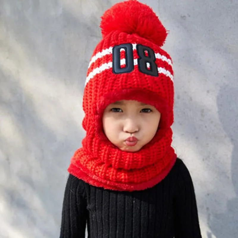 RUHAO/ модная шапка для родителей и детей, очень теплая зимняя Балаклава шерстяные шапочки, вязаная шапка и шарф для девочек и мальчиков 4-12 лет - Цвет: Kids red