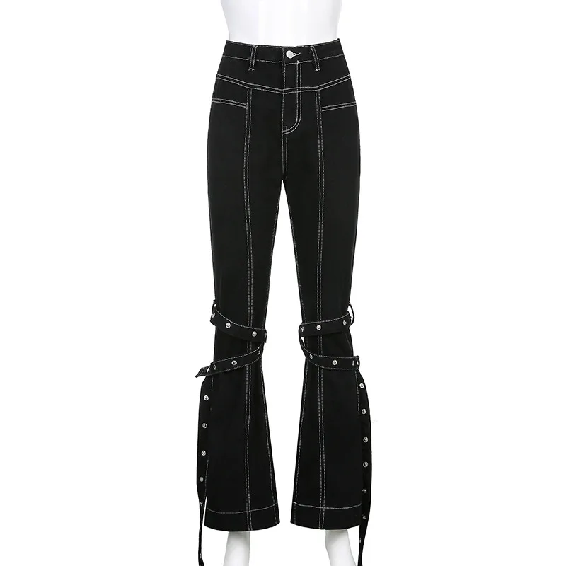 Women Pants y2k Vibe denim Gothic Grunge Black pants Harajuku Punk Hip Hop High Waist Wide Leg Bandage Streetwear Rivet Trousers tommy jeans Jeans