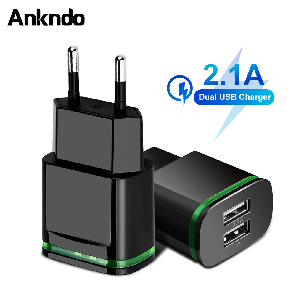 Сетевое зарядное устройство ANKNDO с двумя USB портами EU/US 5 В 2 А быстрая зарядка