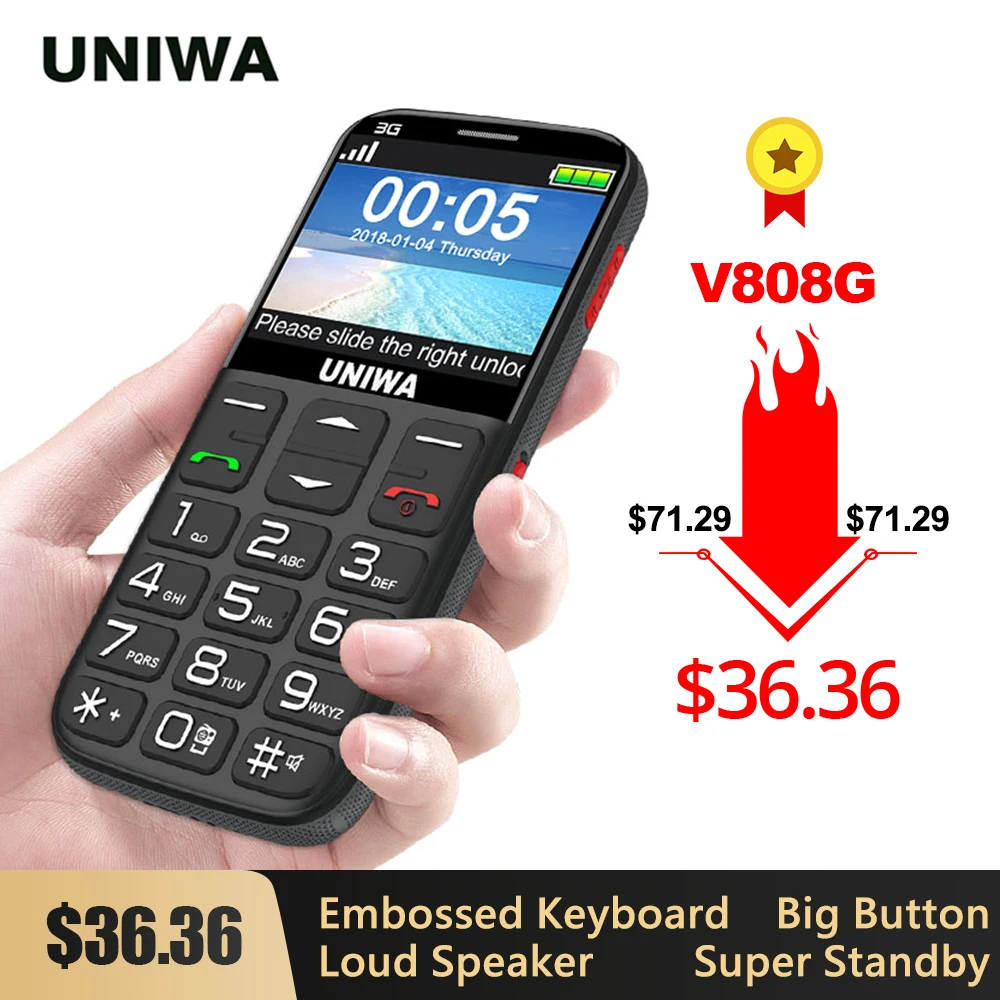 UNIWA V808G Strong Torch Push-Button Loud Cellphone Big SOS 3G English Russian Keyboard 10 Days Standby 3G WCDMA Senior Mobile UNIWA V808G Strong Torch Push-Button Loud Cellphone Big SOS 3G English Russian Keyboard 10 Days Standby 3G WCDMA Senior Mobile