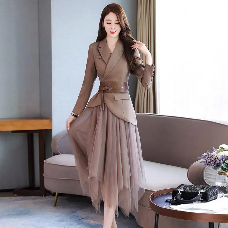 HAMALIEL Elegant Women Two Piece Set Spring Autumn Solid Blazer PU Belt+ Mesh Patchwork Irregular Long Office OL Skirt Set - Цвет: Хаки