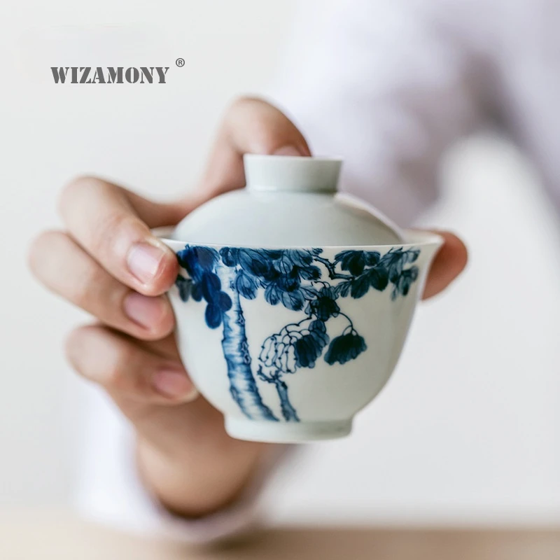 

WIZAMONY Jingdezhen hand-made thin tire cover bowl hand-painted eucalyptus tree tea-making tea equipment kungfu tea set teacup
