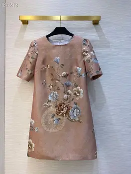 

High Quality Summer Dress 2020 Fashion Style Women Jacquard O-Neck Short Sleeves Runway A-Line Vintage Dress