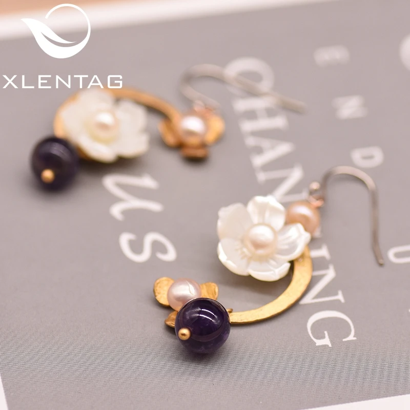 XlentAg Настоящее серебро 925 проба оболочки цветок серьги-подвески с натуральным камнем фиолетовый камень розовый жемчуг ручной работы женские серьги GE0008