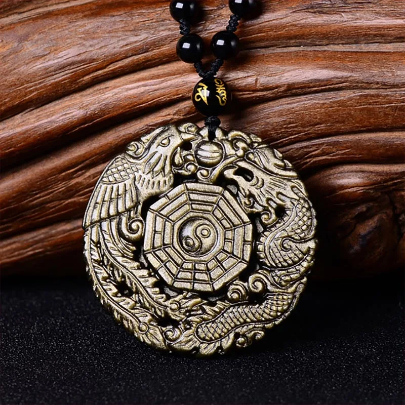 Natural Gold Obsidian Pendant Necklace Dragon Phoenix with Chain the Eight Trigrams Pendant Amulet Peace Mascot For Men/Women