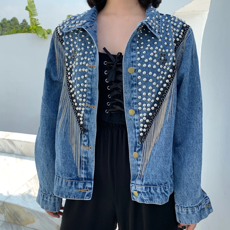 New Women Autumn Hand-studded Rivet Tassel Chain Short Jeans Coat Woman's Loose Jacket Coat Fashion Streetwear Denim Jacket