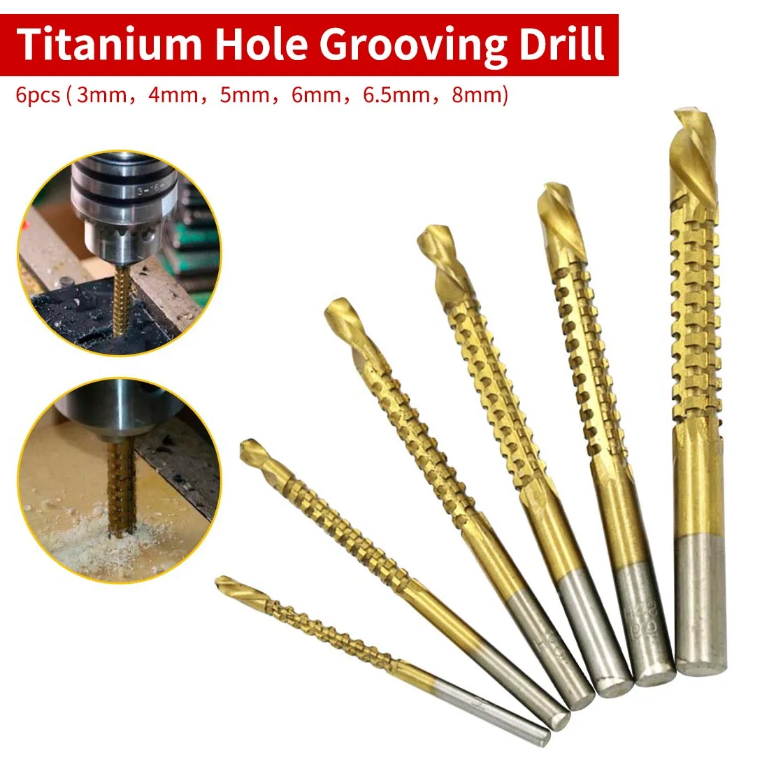 Saw Carpenter Tool 3mm 4mm 5mm 6mm 6.5mm 8mm 6pcs Hole Grooving Drill BitTitanium Coated HSS For Plastic Wood Woodworking Tool