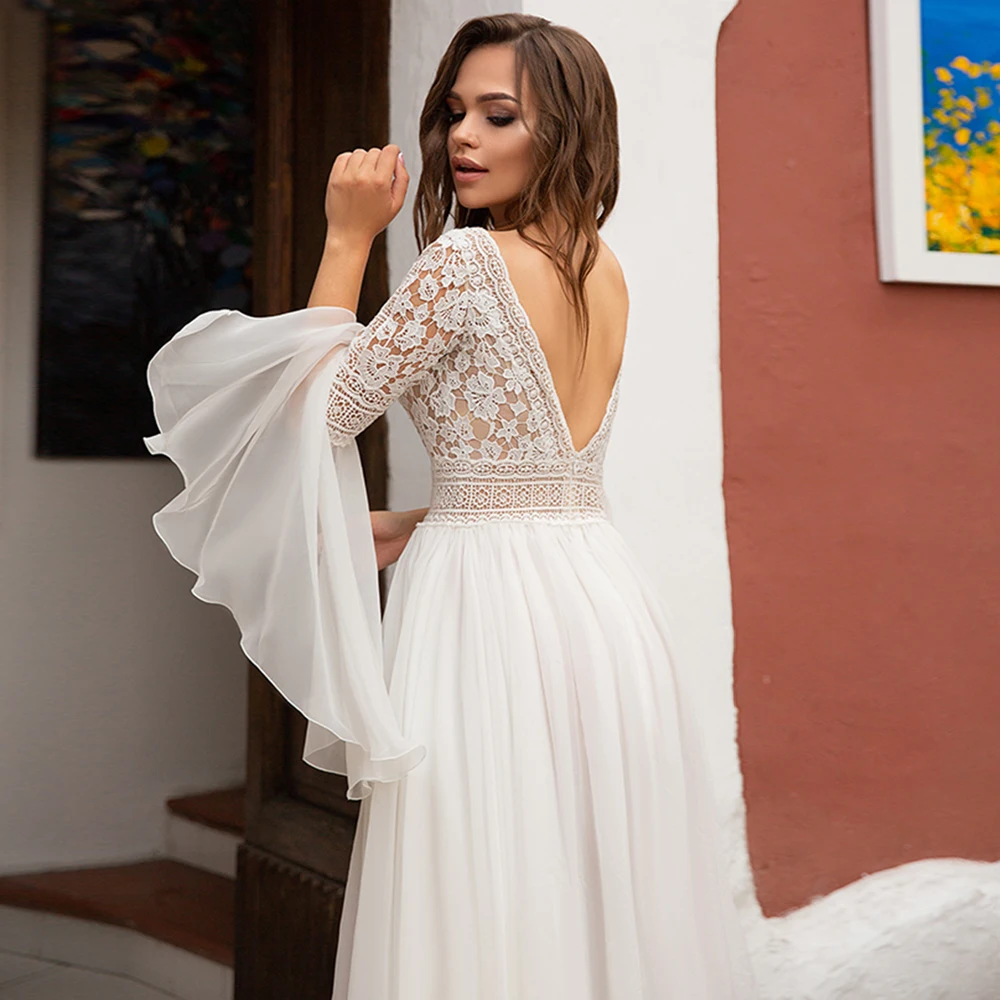 Beach Bohemian Wedding Dress Sexy Deep V Neck Flare Sleeve Robe De Mariee Lace Chiffon Beach Wedding Gown Backless High Slit short wedding dresses