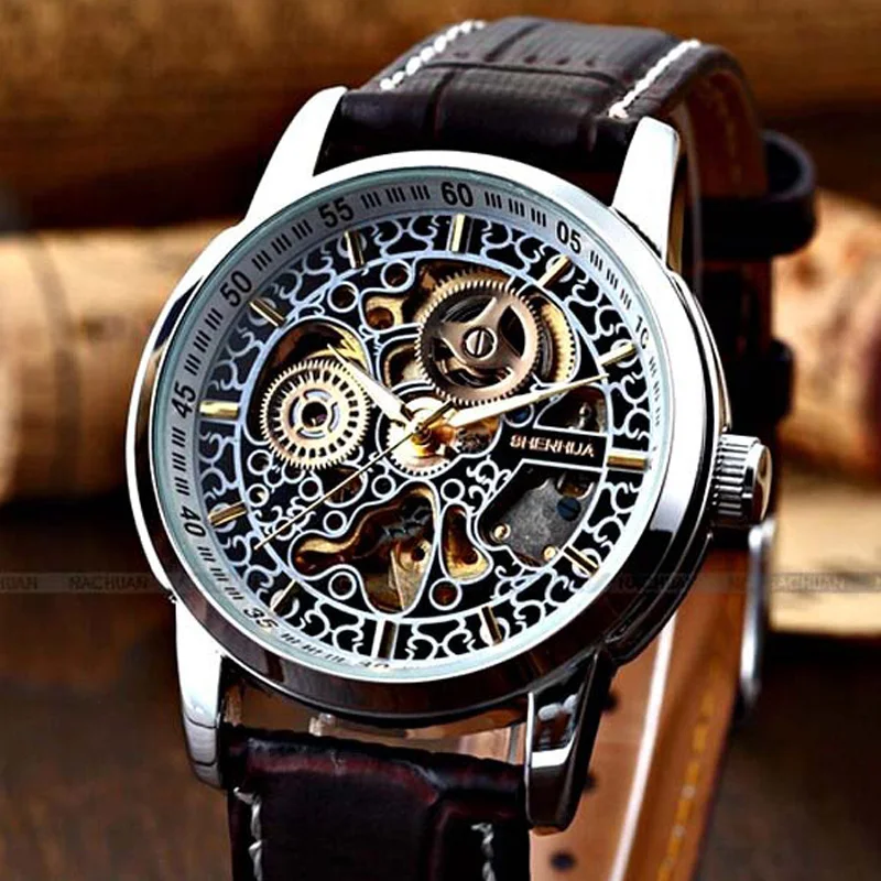 

Shenhua Fashion Vintage Skeleton Watch Men Gold Movement Automatic Mechanical Wristwatches Clock Relogio Masculino Reloj Hombre