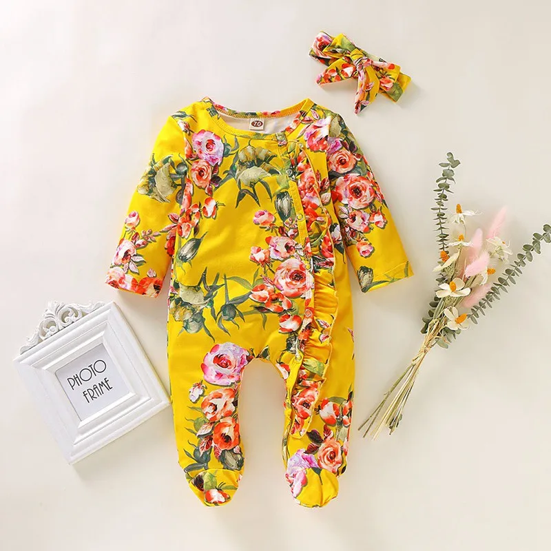 Summer Infant Girls Jumpsuit Round Collar Long Sleeve Floral Print Climb Soft Romper And Hairband Two-piece Set