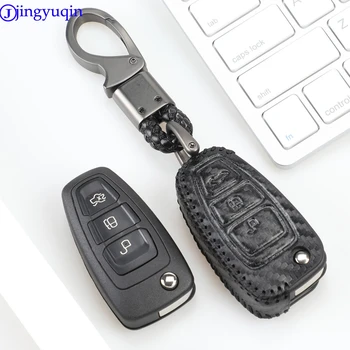 

jingyuqin For Ford Ranger C-Max S-Max Focus Galaxy Mondeo Transit Tourneo Custom 3b Carbon Leather Car Key Case Cover Shell