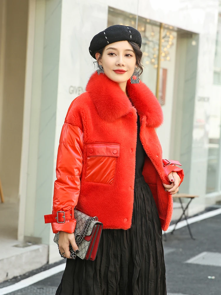 

2020 Real Fur Coat Female Lamb Fur Down Jacket Winter Coat Women Real Fox Fur Collar 300% Wool Coat Manteau Femme B8907