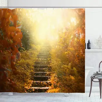 

Shower Curtain Set with Hooks 72x72 Horizontal Trail Autumn Stairs Sky Fog Amazing Sunrise Nature Leaves Parks Outdoor Design