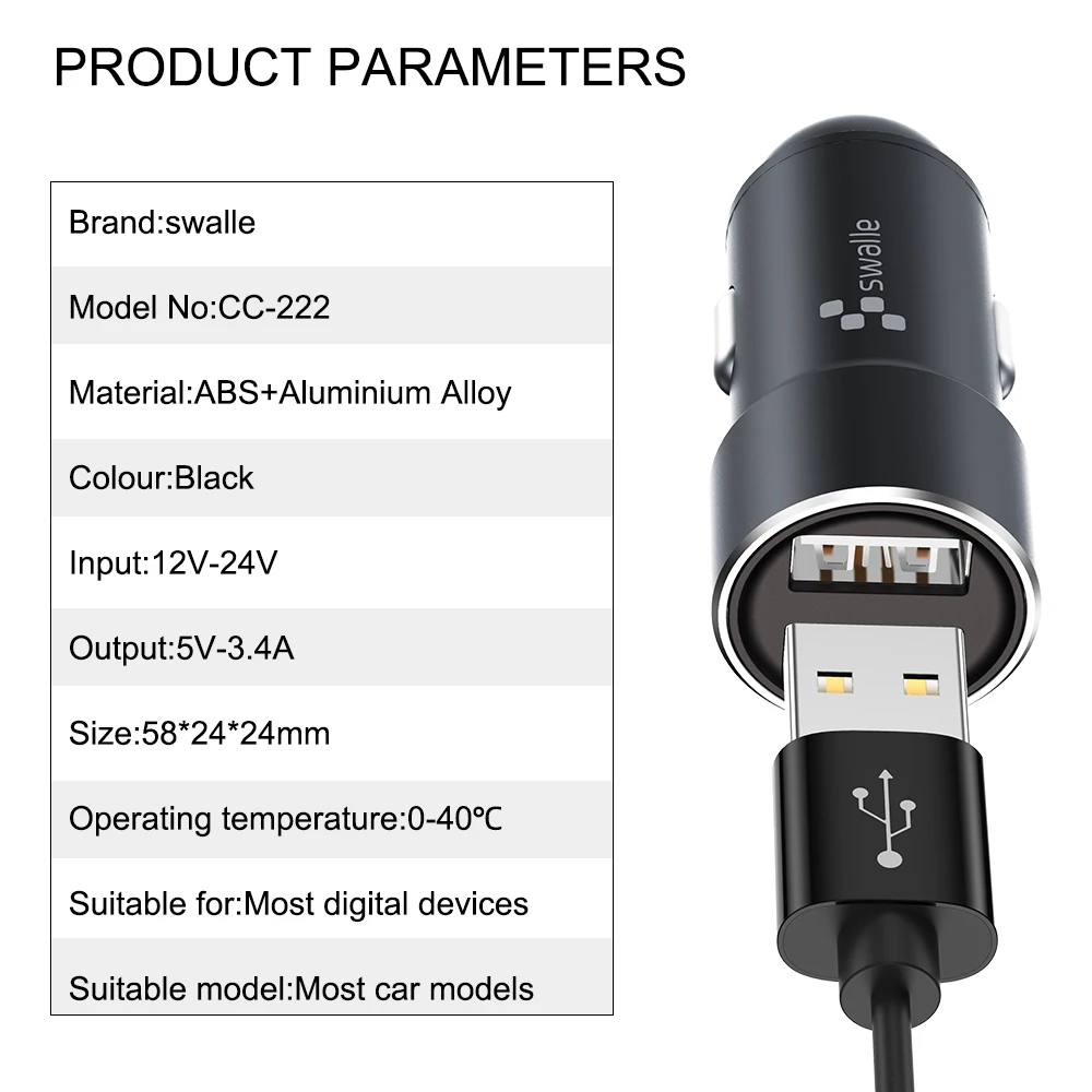 Swalle 3.4A car phone charger mini fast car charger universal tiny car chager for mobile phone high speed dual plug usb charger