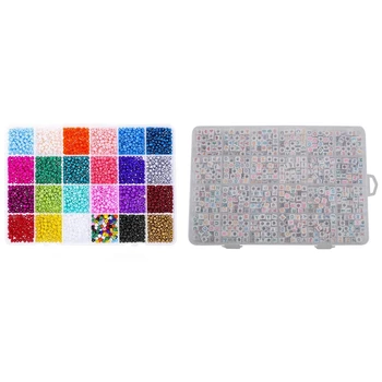 

1200Pcs Acrylic Mixed Letter and Number Beads & 2800Pcs Pony Seed Beads, 24 Colors 4Mm Small Rainbow Glass Beads