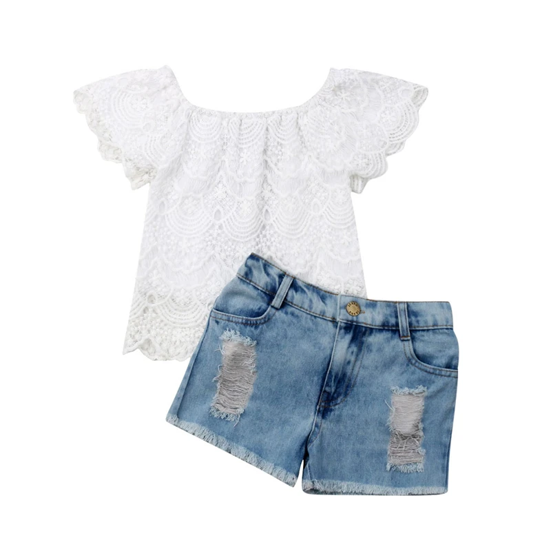Летняя одежда для маленьких девочек; кружевные топы с цветочным принтом; джинсовые штаны; летний комплект одежды; одежда для детей
