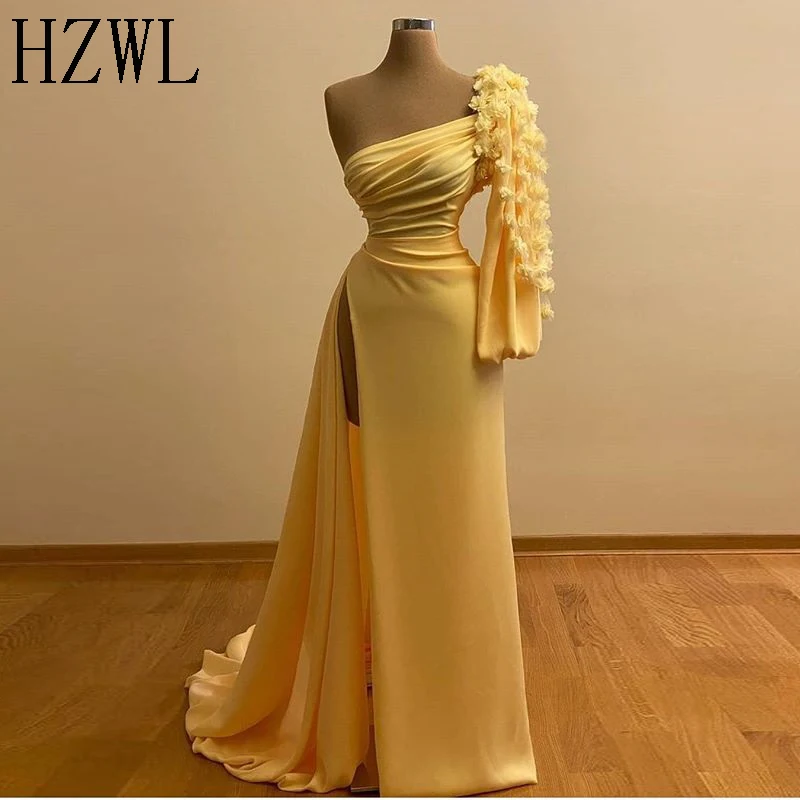 

Jasmine Yellow One Shoulder 3D Applique Long Sleeve Prom Dresses A-Line Style with Split Special Occasion Dresses Evening Gowns