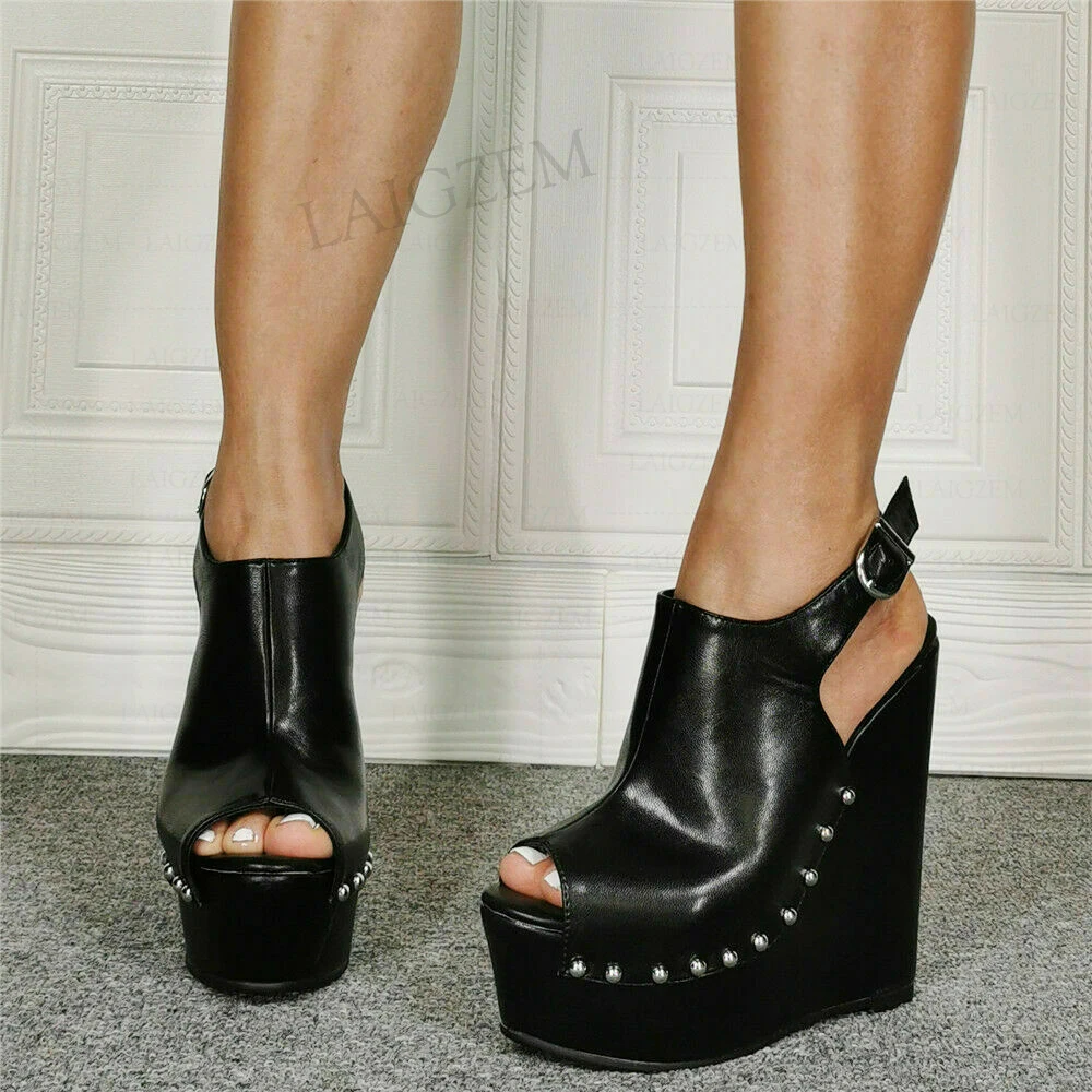 

SEIIHEM SUPER Women Pumps Platform Wedges Peep Toe Studded Sandals High Heels Faux Leather Ladies Shoes Woman Plus Size 41 46 52