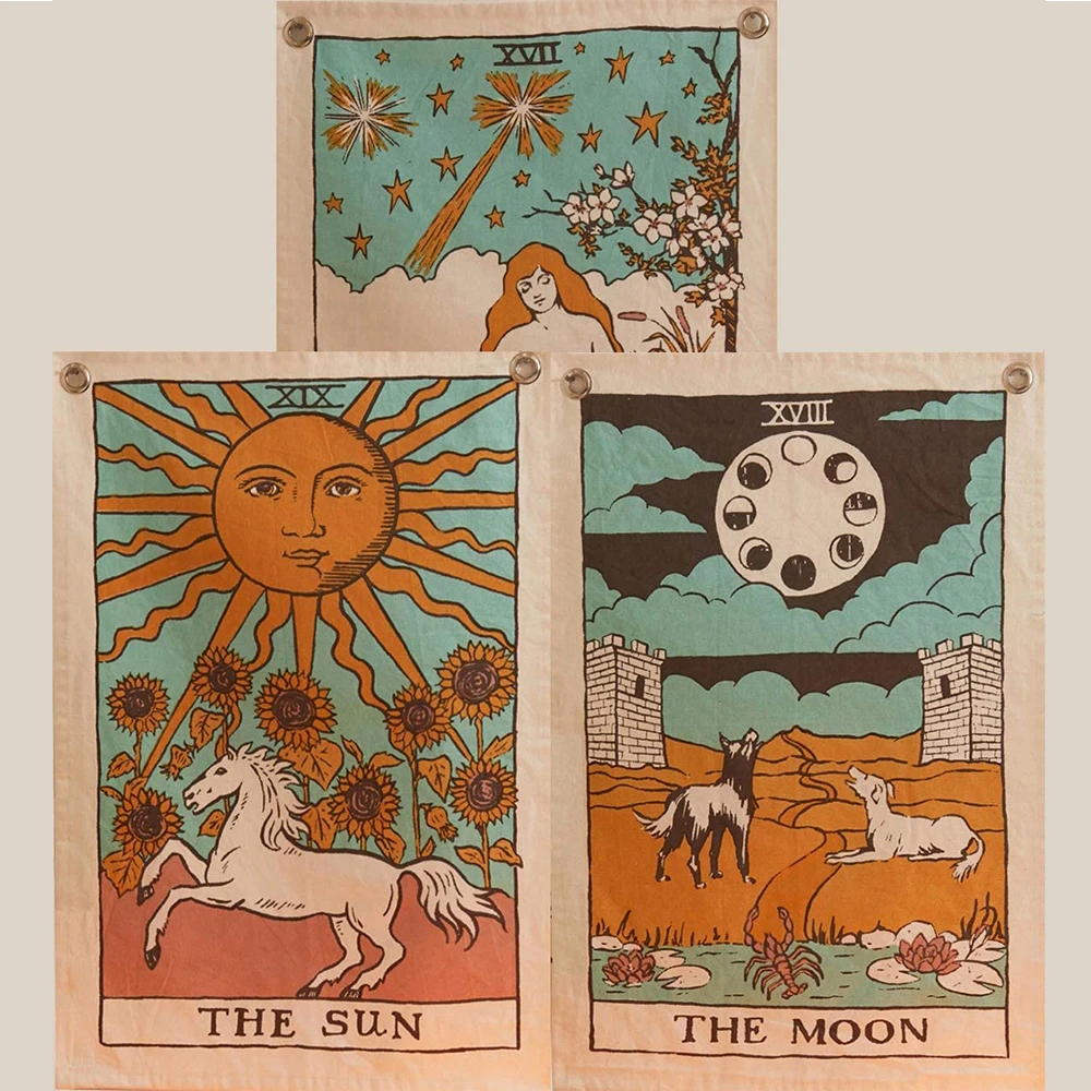 Boho Wall Art Gifts for Artists Polyester Fabric Tarot Tapestry Moon Star Art Deco Living Room Bedroom Wall Decor Unique Tapestry