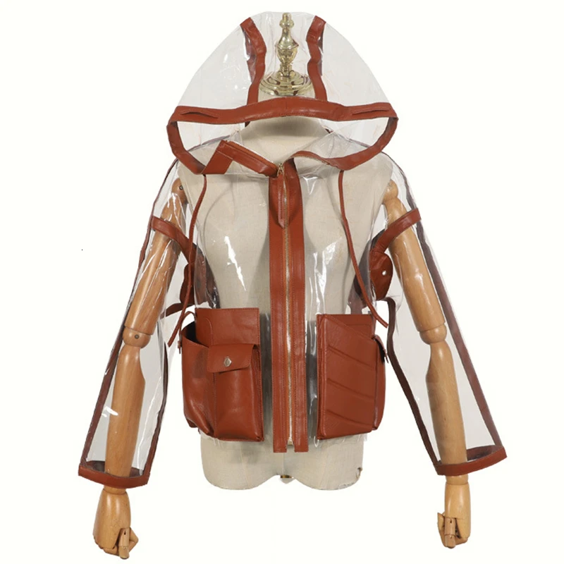 SeeBeautiful New Fashion Autumn Winter Simple Hooded Long Sleeve Zipper Pockets PVC Leather Stitching Loose Coat Women N497