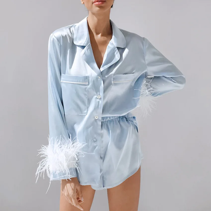 coord sets women Satin Blue long-sleeved shirt top + shorts two-piece suit casual pajamas women's home service fashion women's feather detachable sweat suits women