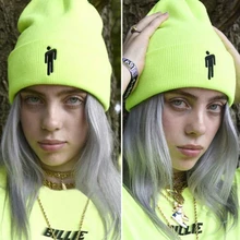 Шапка-бини в стиле хип-хоп с вышивкой Billie Eilish, женские и мужские зимние теплые вязанные шляпы для мужчин и женщин, однотонные Повседневные шапки-бини с манжетами