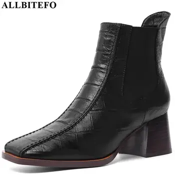

ALLBITEFO real genuine leather women boots Square toe ankle boots Autumn Winter comfortable Pure color fashion girls boots