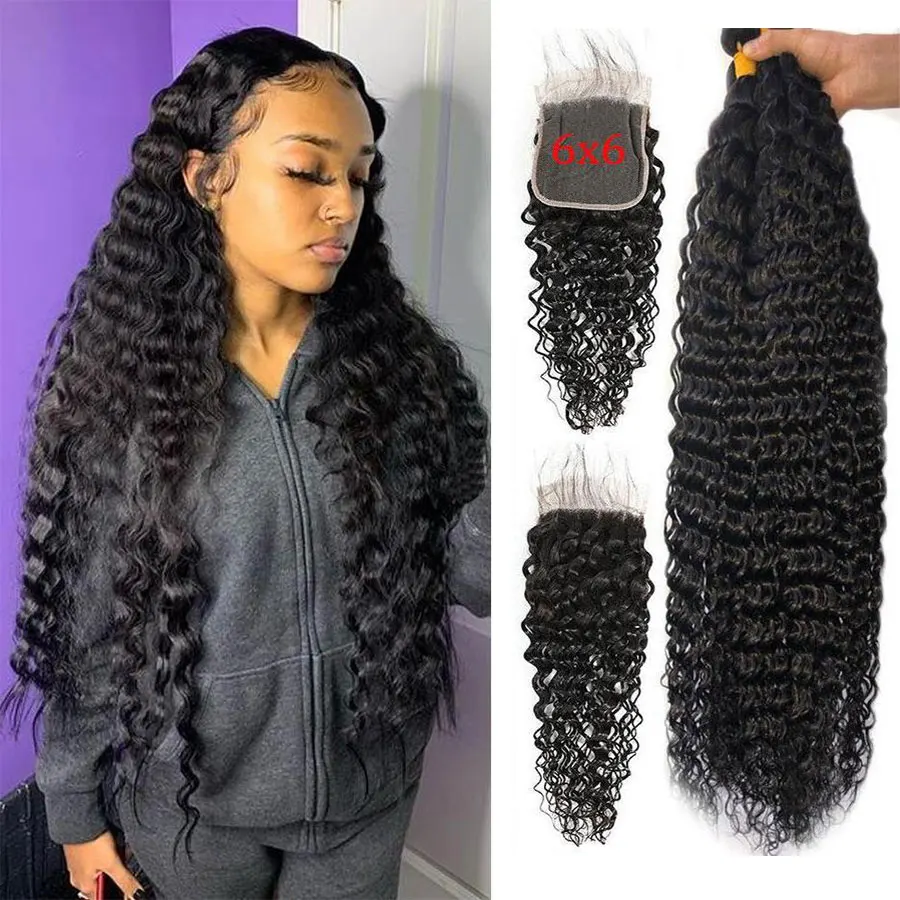 36 38 40 Inch Deep Wave Bundles With Closure 6x6 Lace Closure And Bundles Brazilian Human Hair Bundles With Closure Remy Hair short human hair extensions kinky curly bundles with closure natural peruvian hair 3 bundles wet and wavy bundles with closure