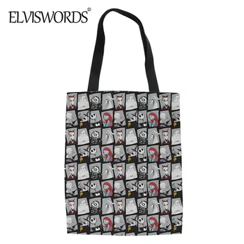 

ELVISWORDS Women's Durable Linen Shopping Tote The Nightmare Before Christmas Print Lady Casual Handbag Fashion Gift Bag