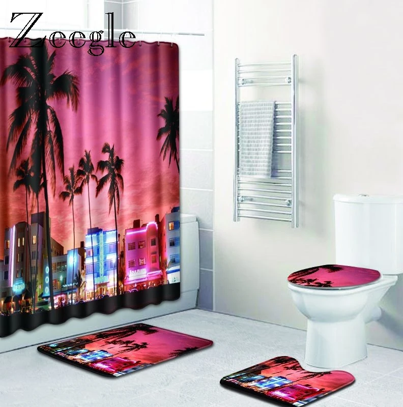 Zeegle 3D Waterproof Shower Curtain Bathroom Shower Mat Bath Mat Set Pedestal Rug Lid Toilet Cover Anti-slip Toilet Foot Rug