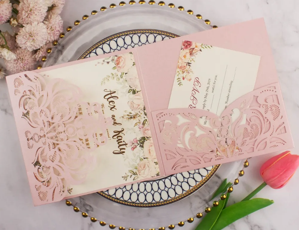 10pcs/lot pearl paper square pocketfold cards Laser Cut Wedding invitation Cards three folded Greeting cover for party supplies