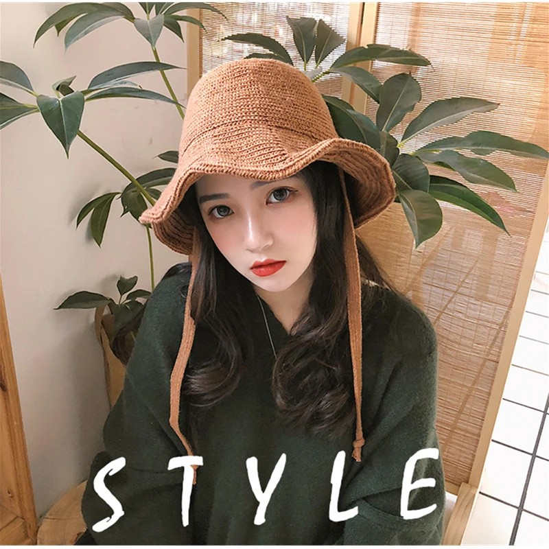 Tsuretobe Winter Warm Wool Cap Bucket Hat Women Foldable Outdoor Fishing Panama Hat Japanese Sun Hat Casual Vacation Hat Female