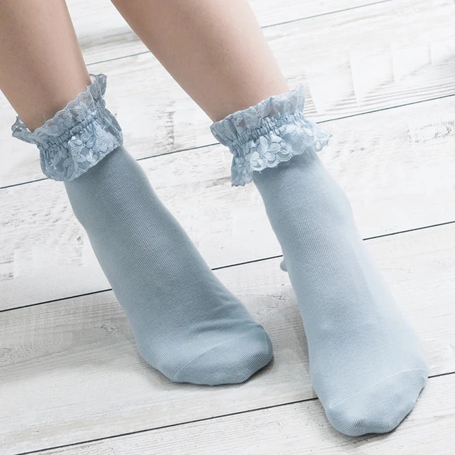 Women Lace Mesh Black White Cotton Socks Lolita Style Japanese Maiden Lovely Short Socks Harajuku Frilly Ruffle Princess Socks Light blue
