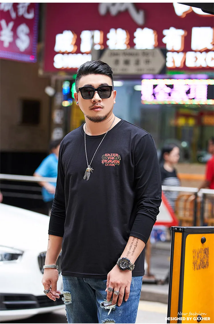 GXXH Large Size Men's Wear Fashion Autumn Fat Guy Long-sleeved Chinatown Chinese Dragon Printed Big Size T-shirt Male Oversized