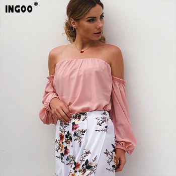 

INGOO Sexy Strapless Women Shirt Elegant Backless Lantern Sleeve Top Streetwear Off Sholuder Slash Neck Chiffon Short Blouse