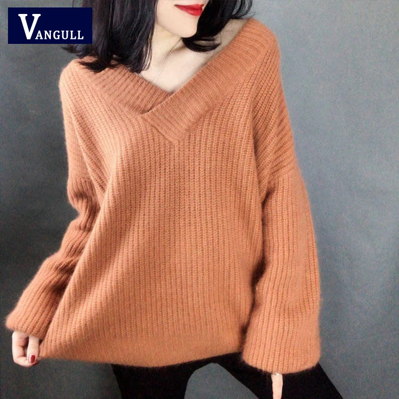 

Vangull Women Solid V Neck Sweater 2020 Autumn Winter Casual Long Sleeve Thick Pullovers Sexy Basic Warm Female Knitted Sweater