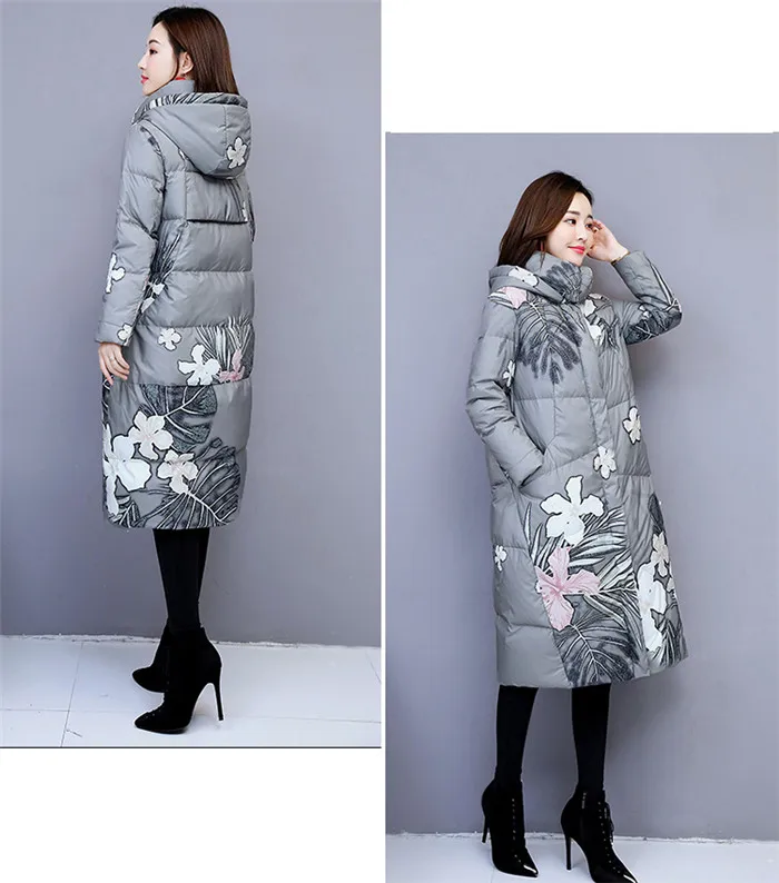 Women warm cotton jacket small fresh long cotton print coat with hood winter jacket womens slim long sleeve parka Overcoat G83