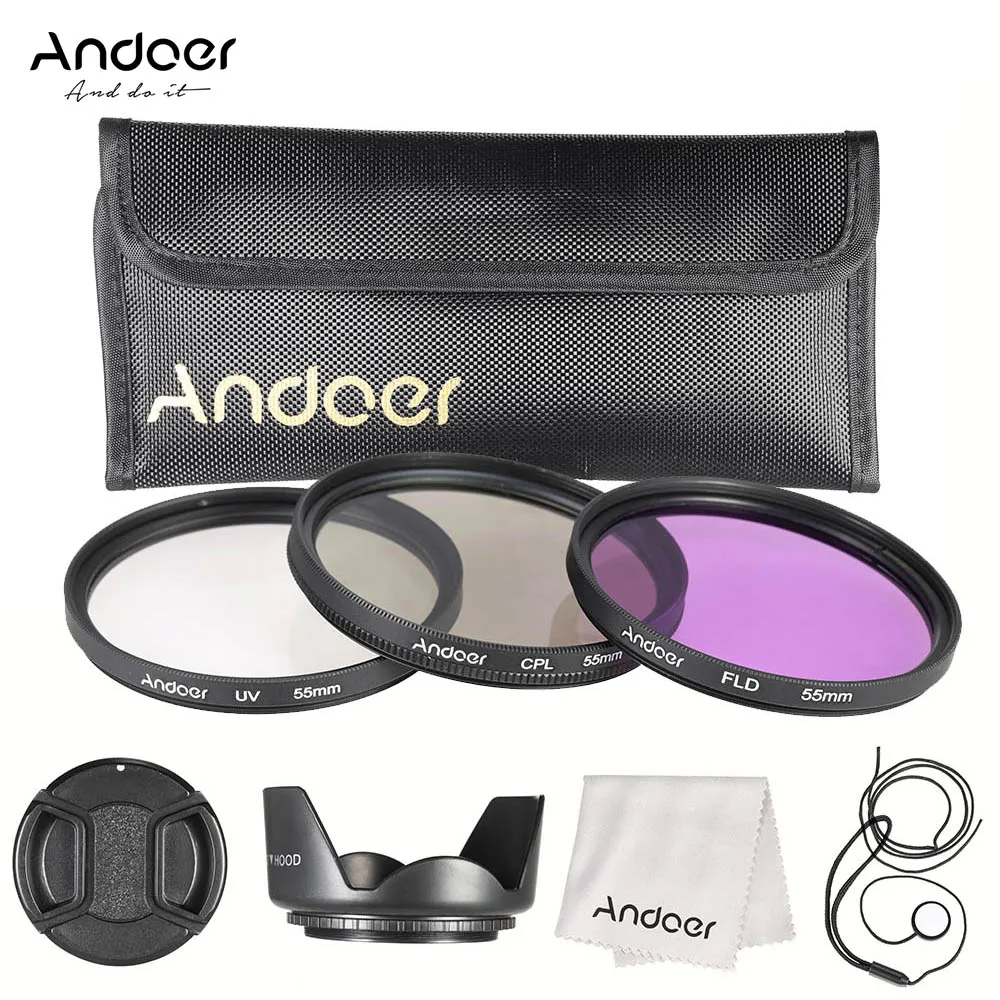 Andoer 55mm Filter Kit (uv+cpl+fld) + Nylon Carry Pouch + Lens Cap