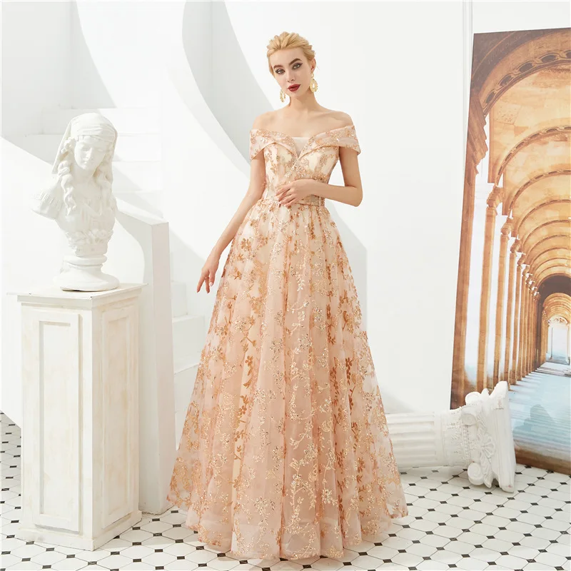 

Gold Evening Dresses with Sexy Off Shoulder A Line Lace-up Back Long Prom Party Gowns Floor Length Applique Robe De Soiree