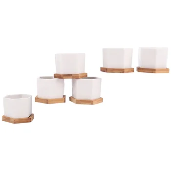 

12 Pcs in 1 Set Succulent Plant Pots Mini Succulent Planter Ceramic Flower Planter Pot with Bamboo Trays (6 Pots and 6 Trays, Wh
